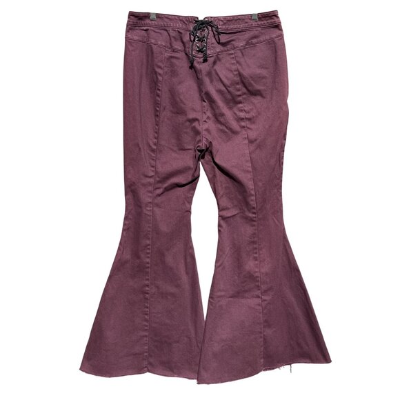 Free People CRVY High-Waisted Flared Bell-Bottom Jeans Lace-Up Back Plum Purple - Picture 4 of 13